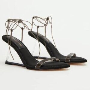 Good American Strappy Clear Wedges 8.5 Black Pointed Toe Sexy Party Heels
